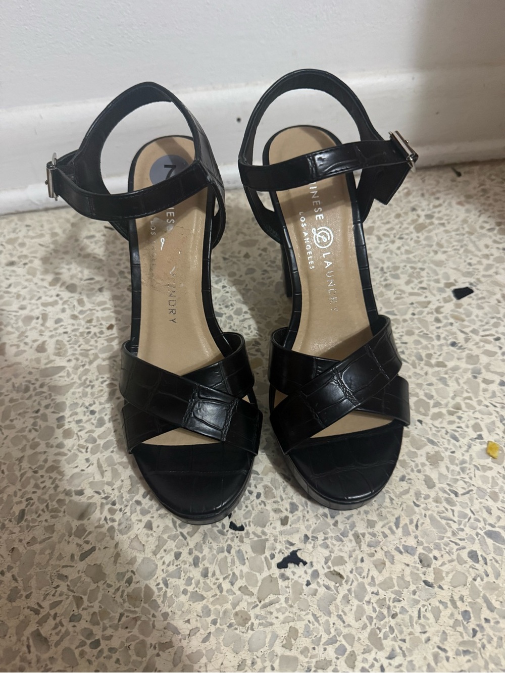 Chinese Laundry Black Croc-Embossed Strappy Block Heel Sandals
